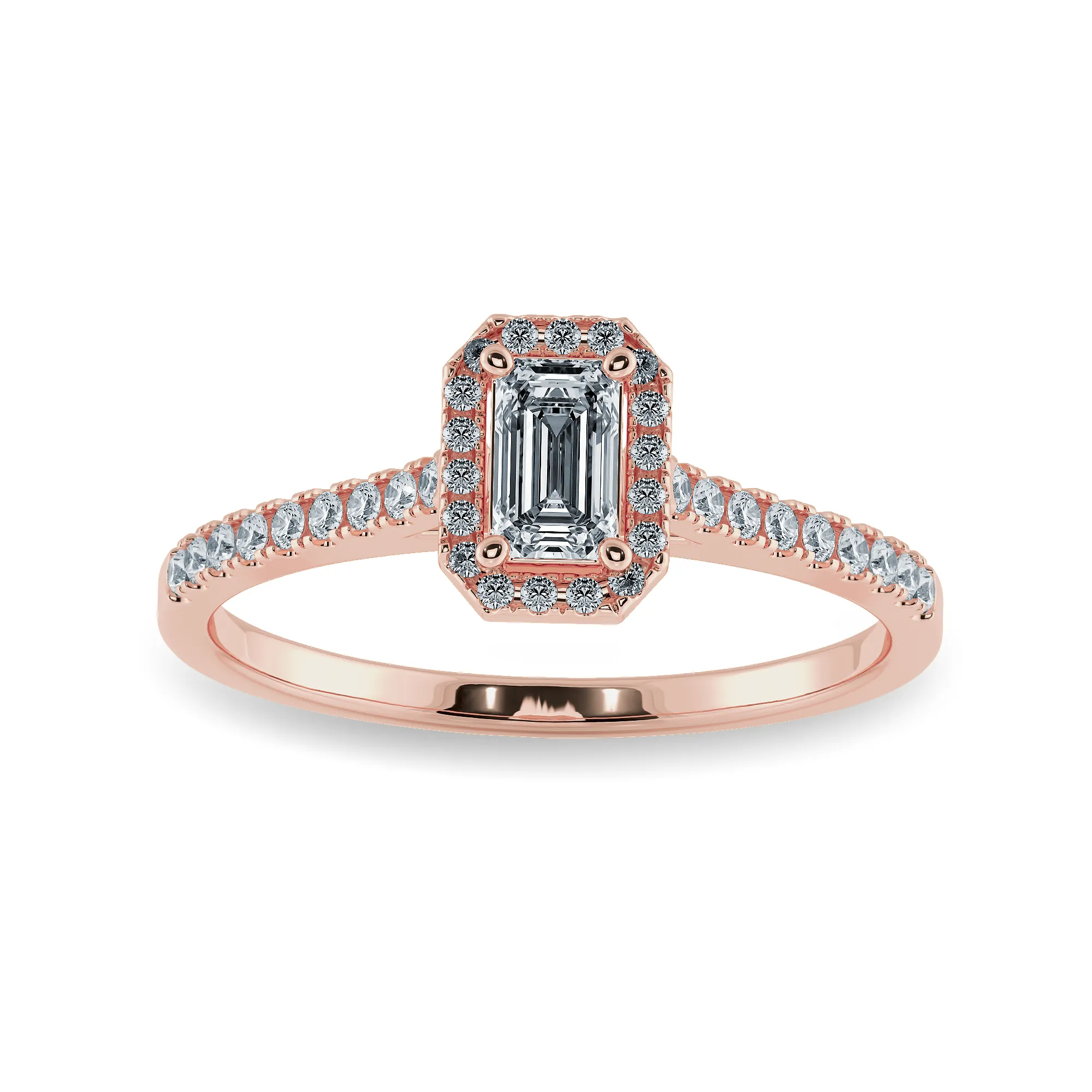 0.50cts. Emerald Cut Solitaire Halo Diamond Shank 18K Rose Gold Ring JL AU 1197R-A