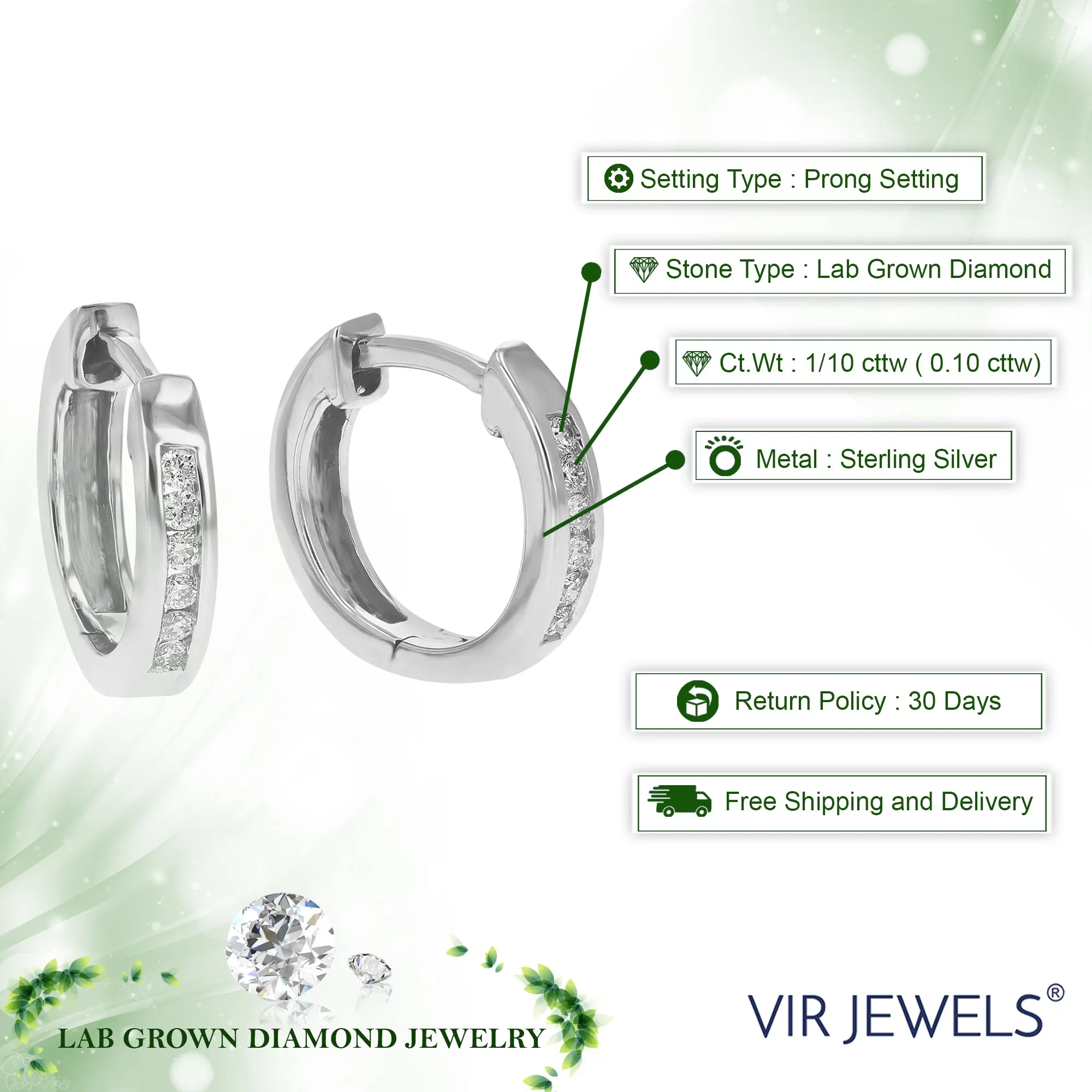 1/10 cttw Round Cut Lab Grown Diamond Hoop Earrings in .925 Sterling Silver Prong Set 2/5 Inch