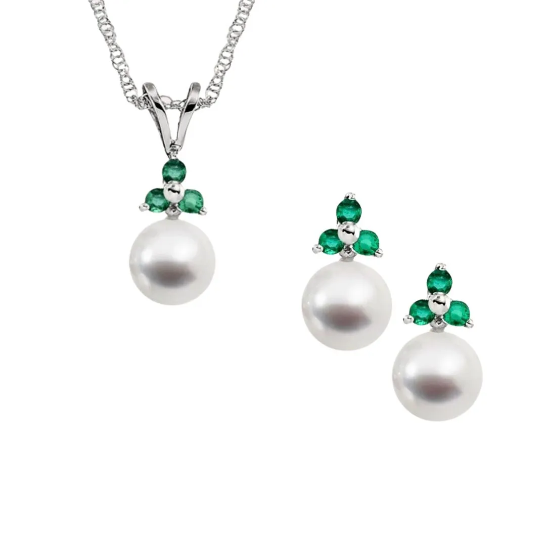 Cultered Pearl and Three Stone Emerald Pendant