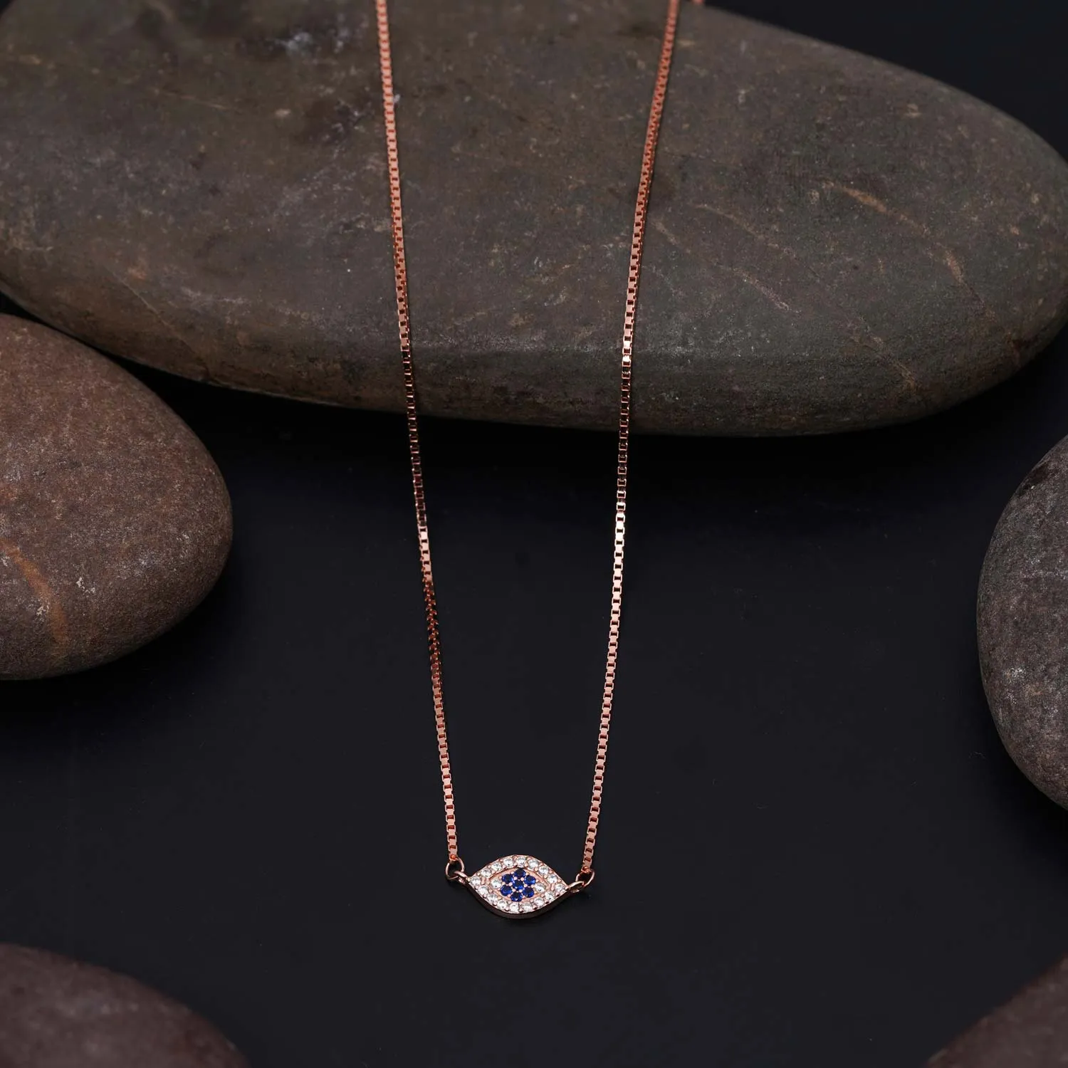 Delicate Eye Charm Pendent  With Rose Gold Chain 92.5 Sterling silver